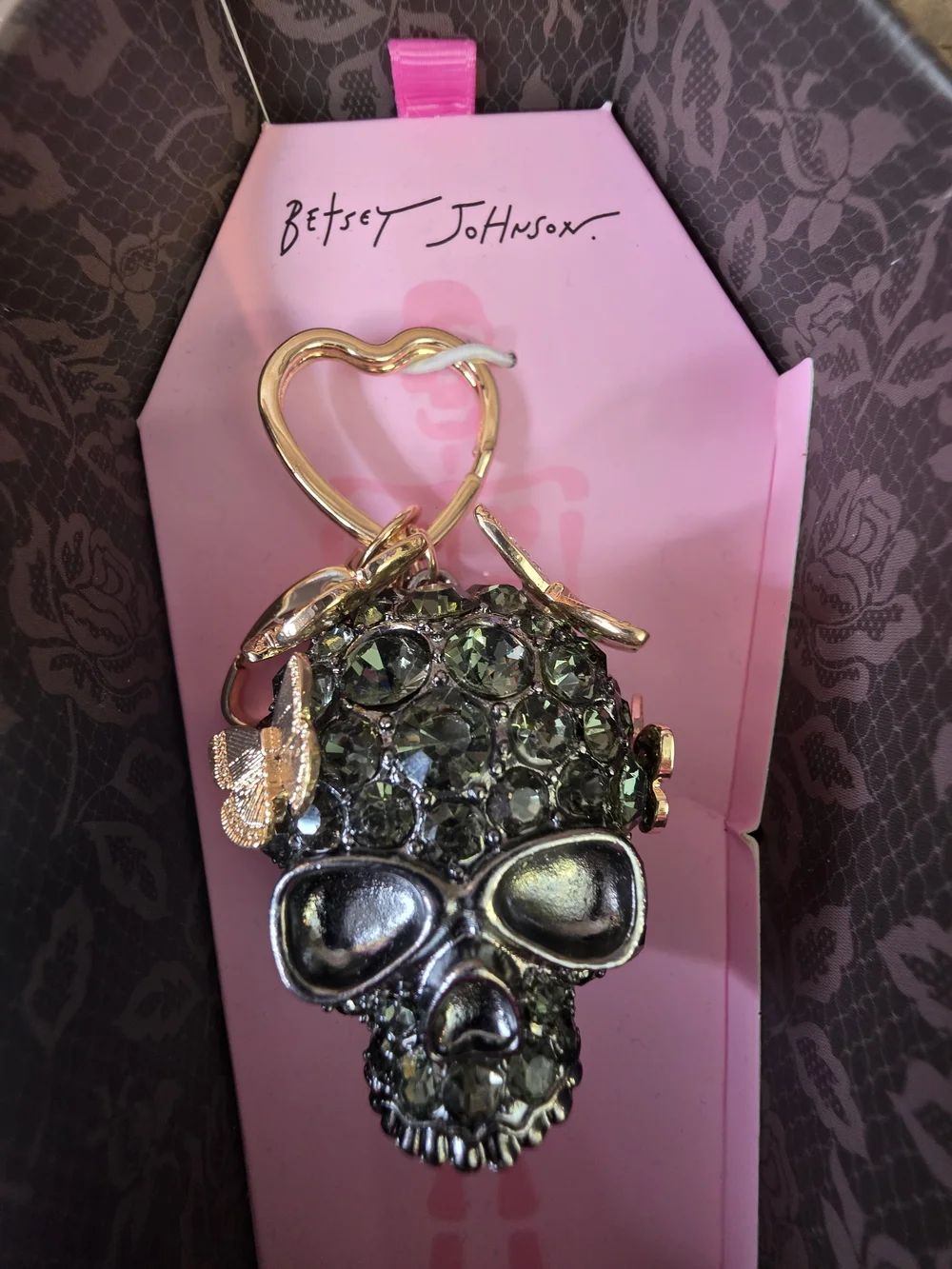 Betsey Johnson Black Crystal Skull Charm with Gold Accents, NWT